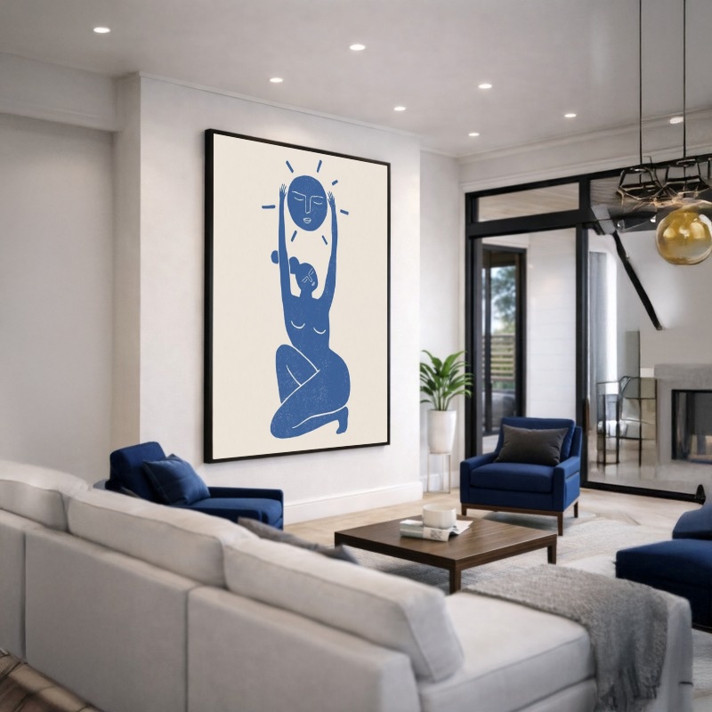 Quadro Canvas Azul Mulher Sol Ilustração