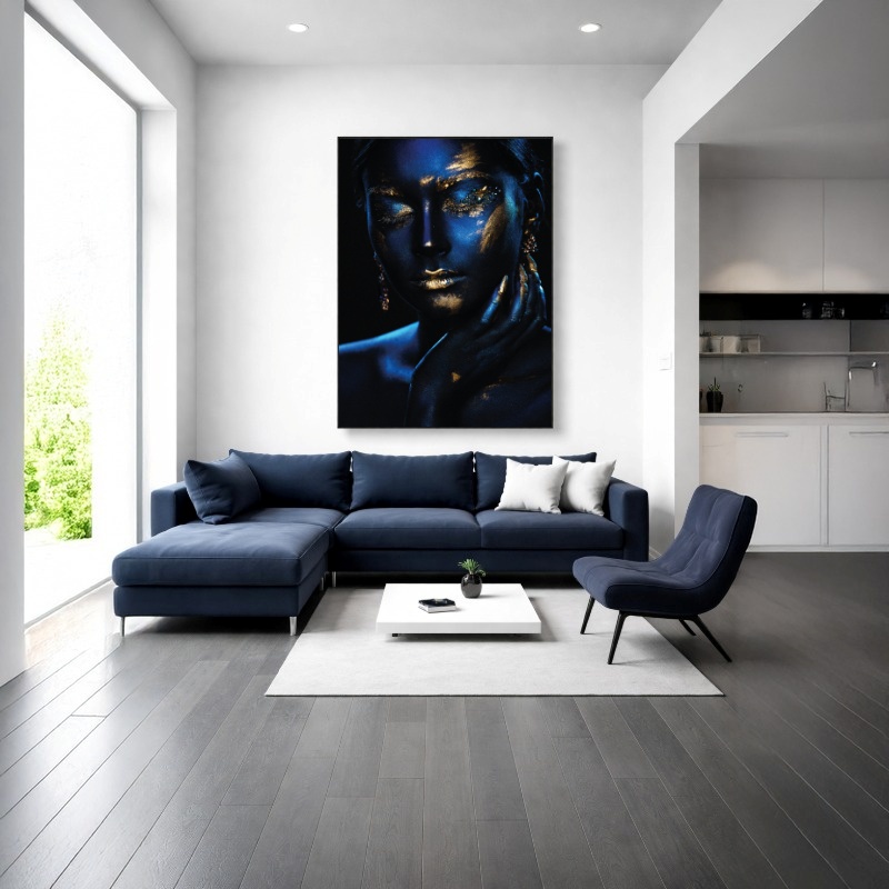 Quadro Canvas Azul com Dourado Mulher Glamour