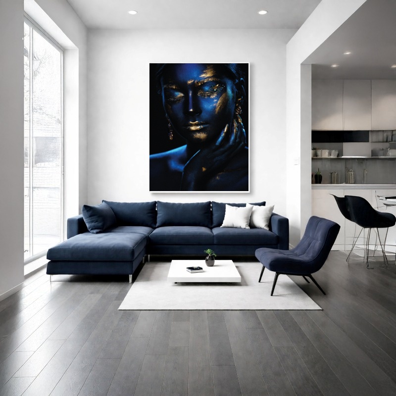 Quadro Canvas Azul com Dourado Mulher Glamour
