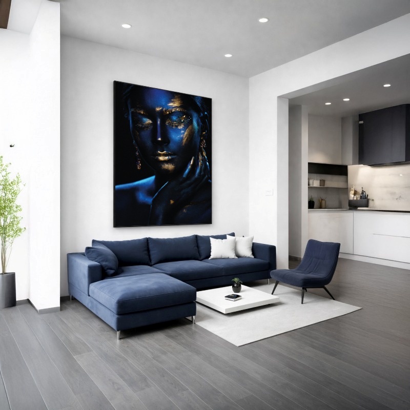 Quadro Canvas Azul com Dourado Mulher Glamour