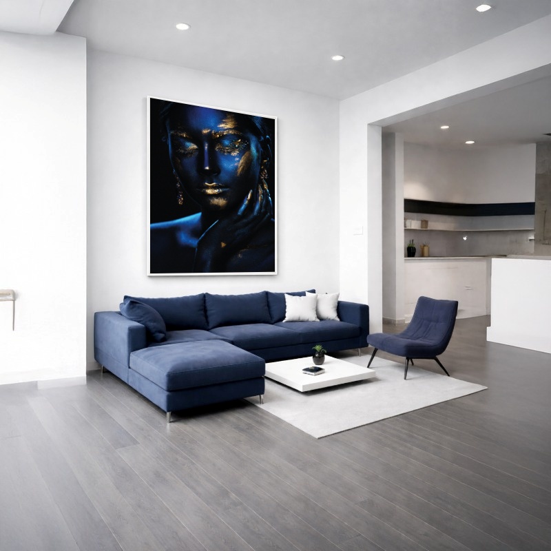 Quadro Canvas Azul com Dourado Mulher Glamour