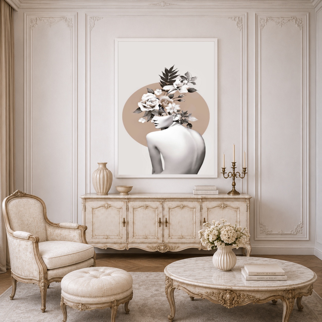 Quadro Canvas Bege Mulher Flores Florescendo