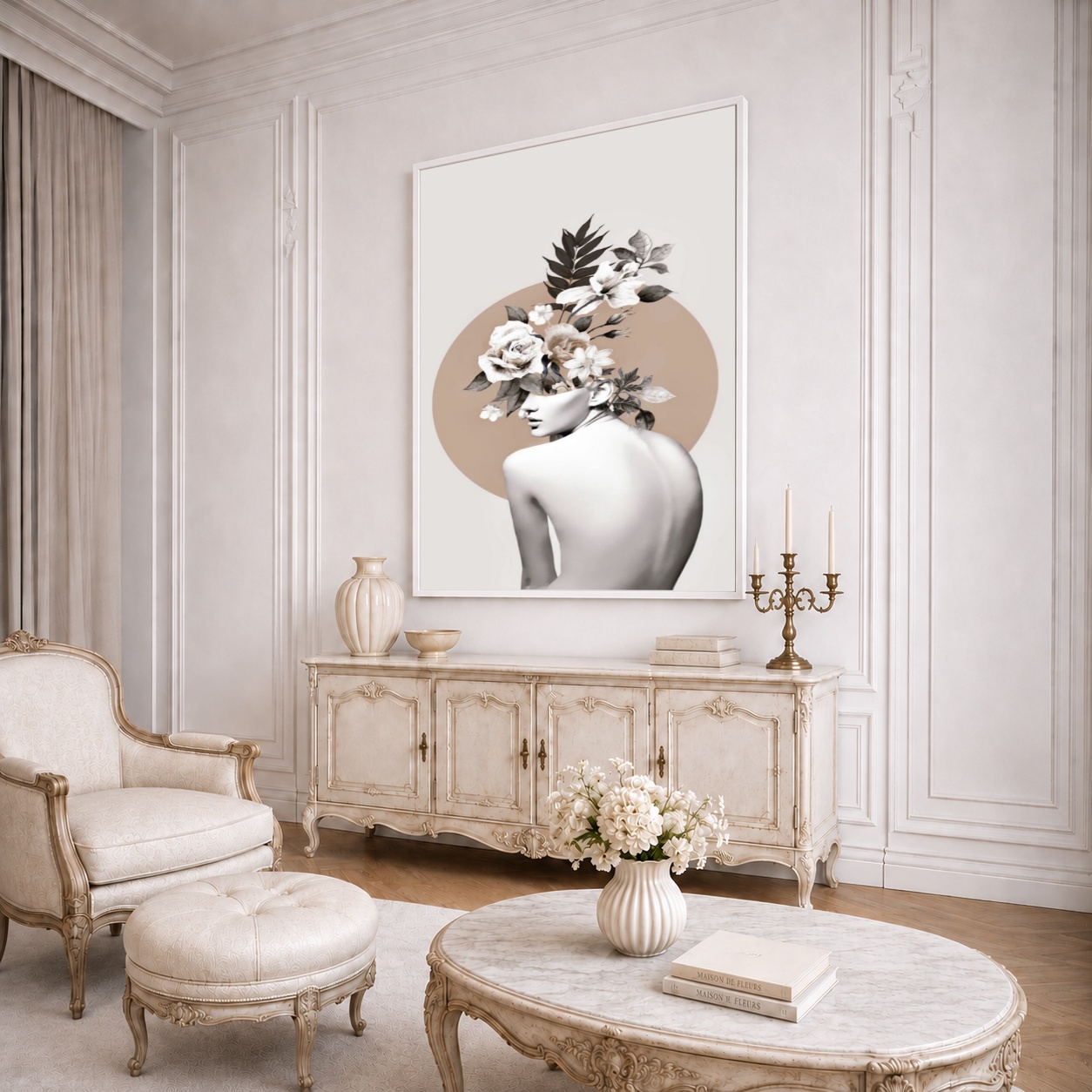Quadro Canvas Bege Mulher Flores Florescendo