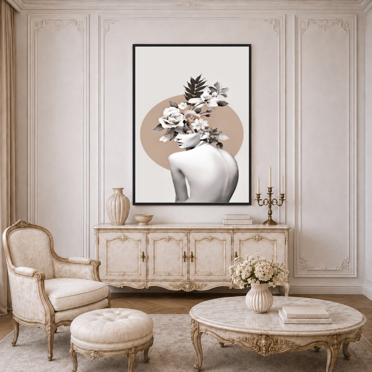 Quadro Canvas Bege Mulher Flores Florescendo