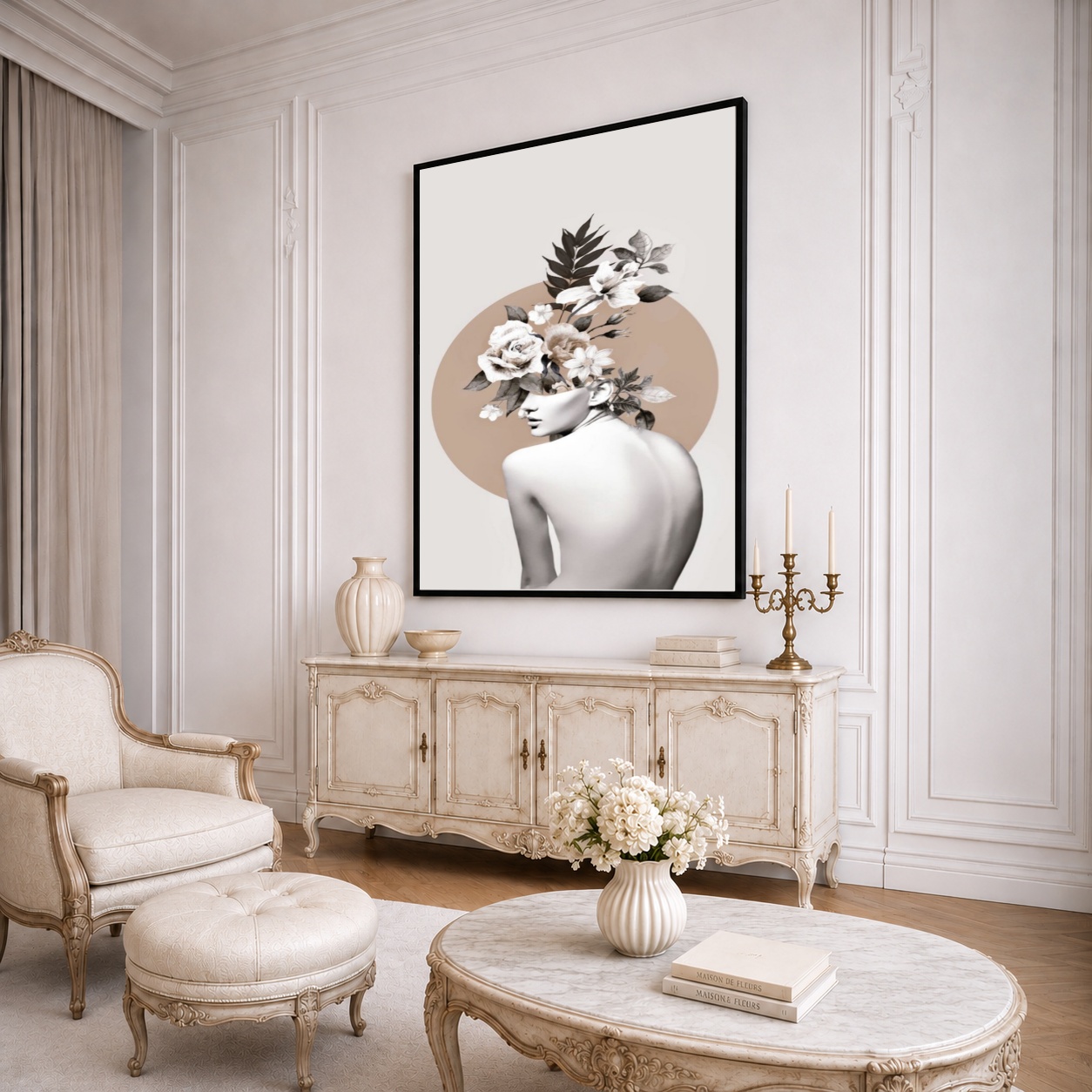 Quadro Canvas Bege Mulher Flores Florescendo