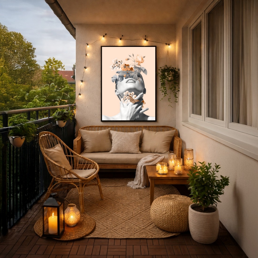 Quadro Canvas Bege Mulher em Flores Surreal