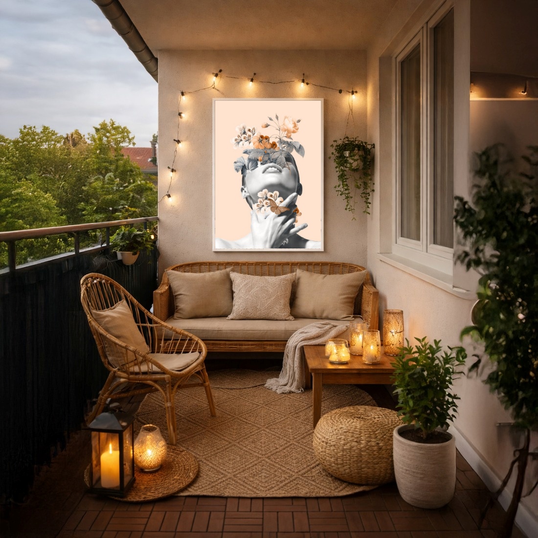 Quadro Canvas Bege Mulher em Flores Surreal