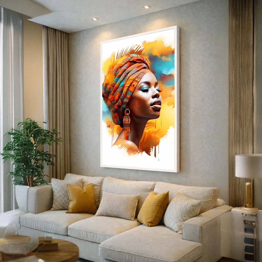 Quadro Canvas Beleza Mulher Afro Amarelo