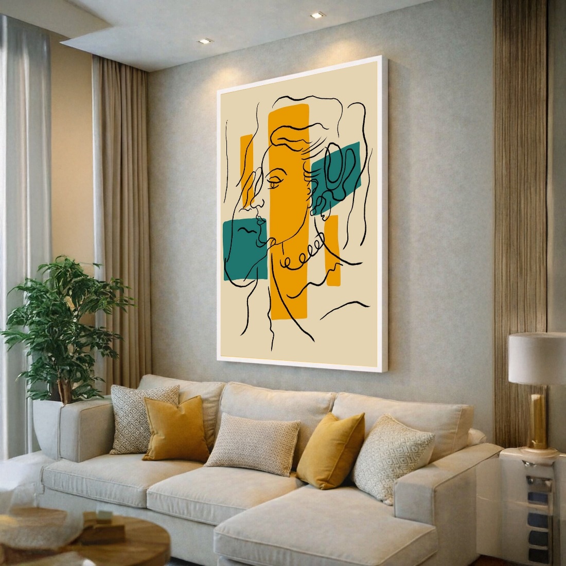 Quadro Canvas Desenho Amarelo Figura Feminina