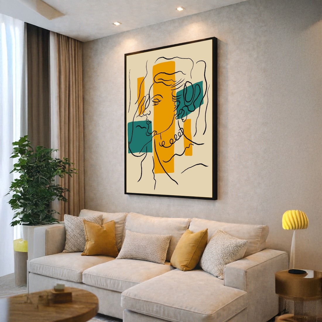 Quadro Canvas Desenho Amarelo Figura Feminina