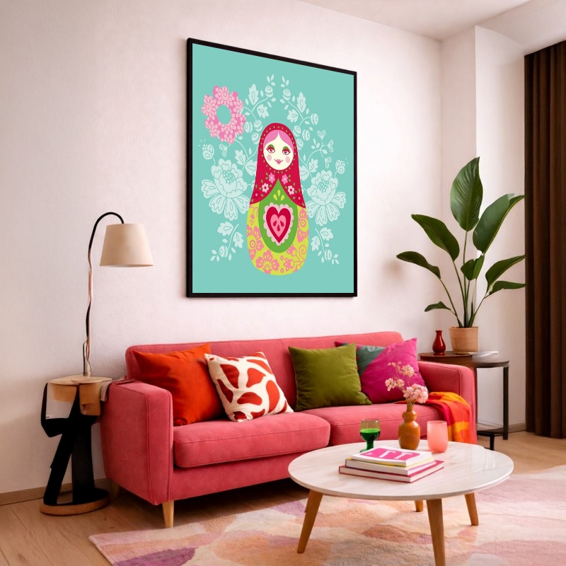 Quadro Canvas Desenho Boneca Matrioska Rosa