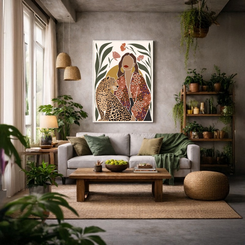 Quadro Canvas Desenho Estampado Onça Mulher