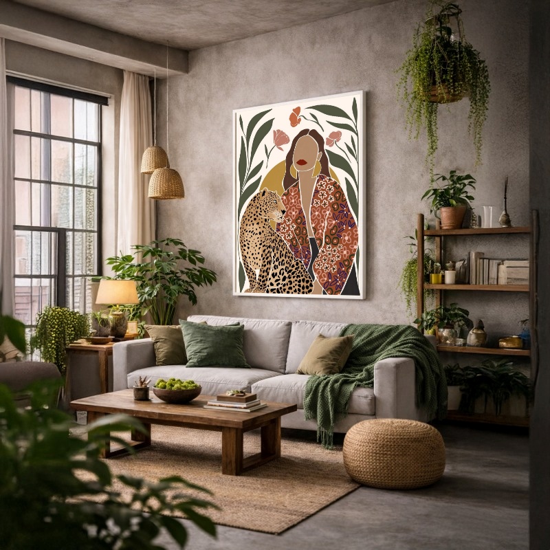 Quadro Canvas Desenho Estampado Onça Mulher