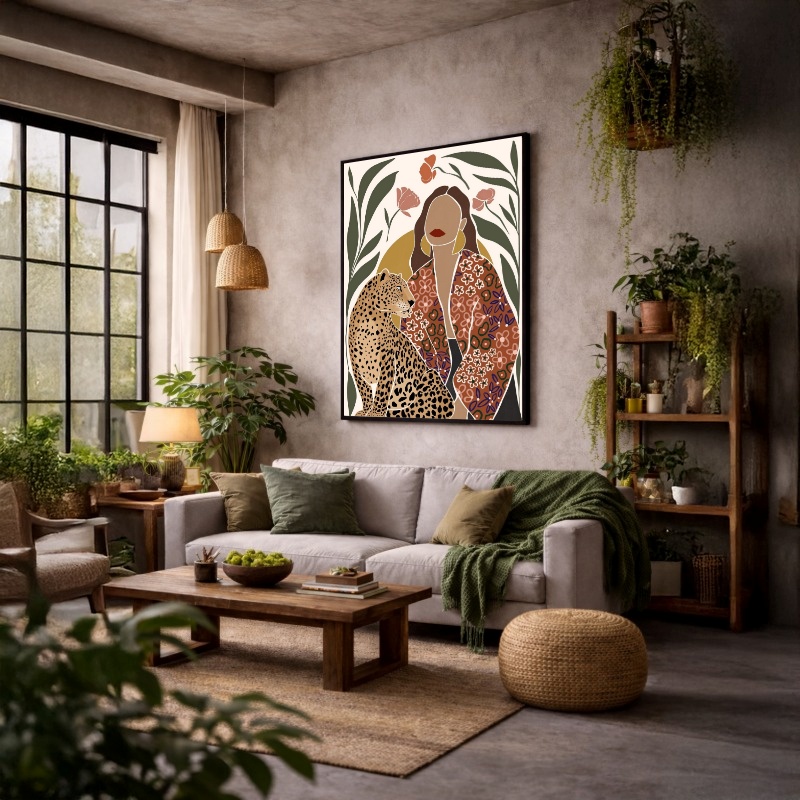 Quadro Canvas Desenho Estampado Onça Mulher