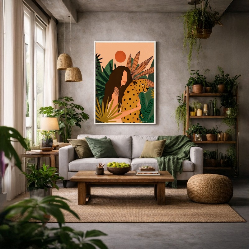 Quadro Canvas Desenho Flora Onça e Mulher