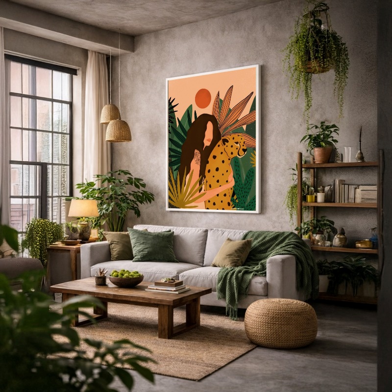 Quadro Canvas Desenho Flora Onça e Mulher