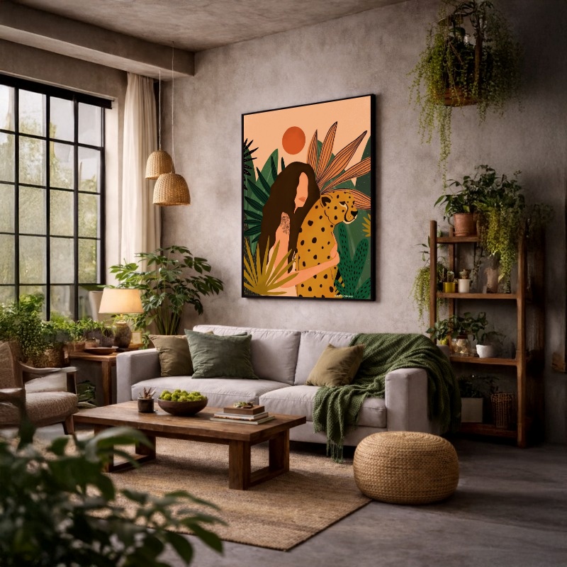 Quadro Canvas Desenho Flora Onça e Mulher
