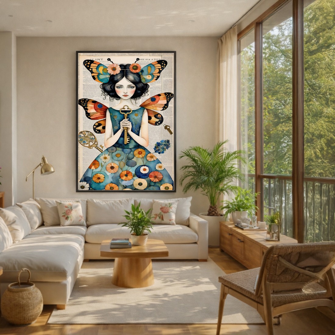 Quadro Canvas Desenho Menina Borboleta Chave