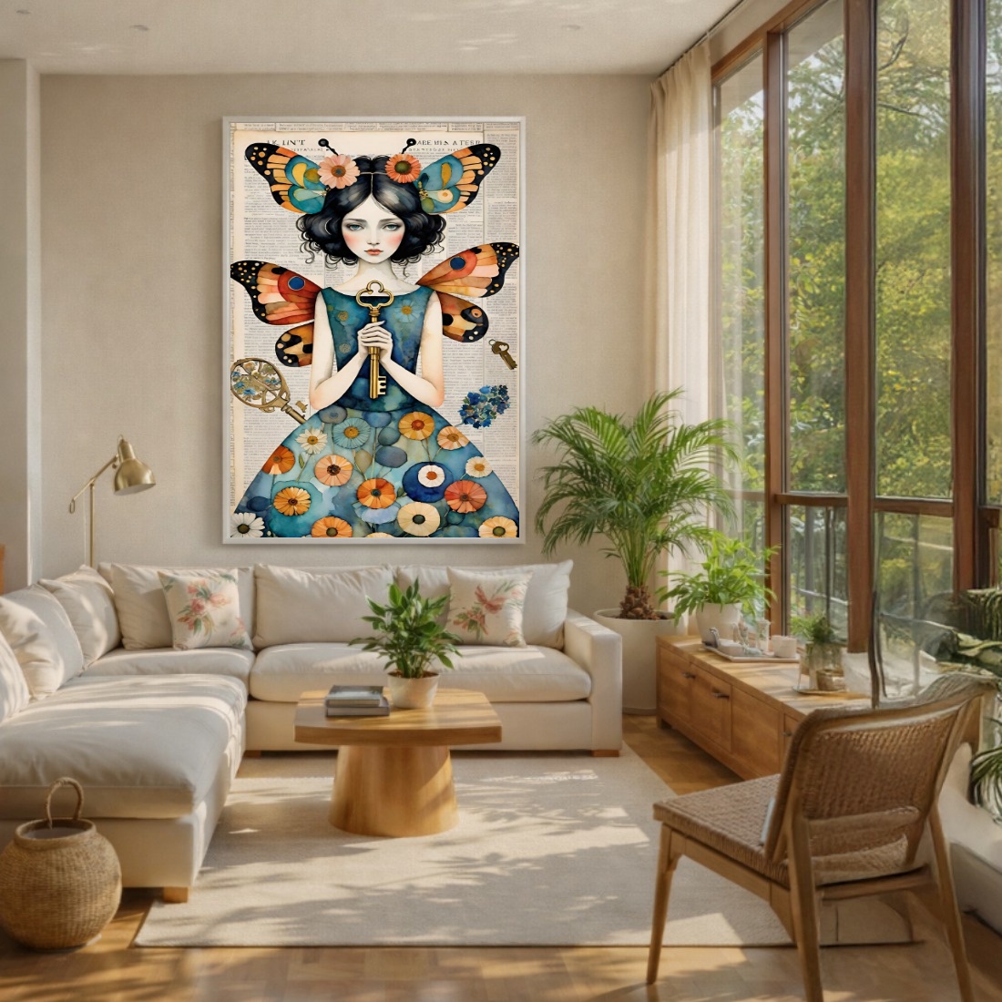 Quadro Canvas Desenho Menina Borboleta Chave