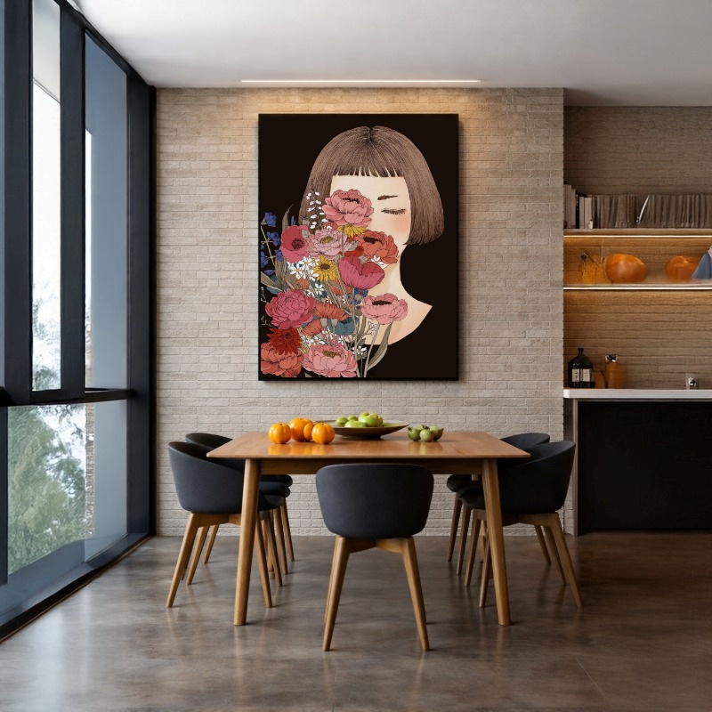 Quadro Canvas Desenho Menina Cheirando Flores