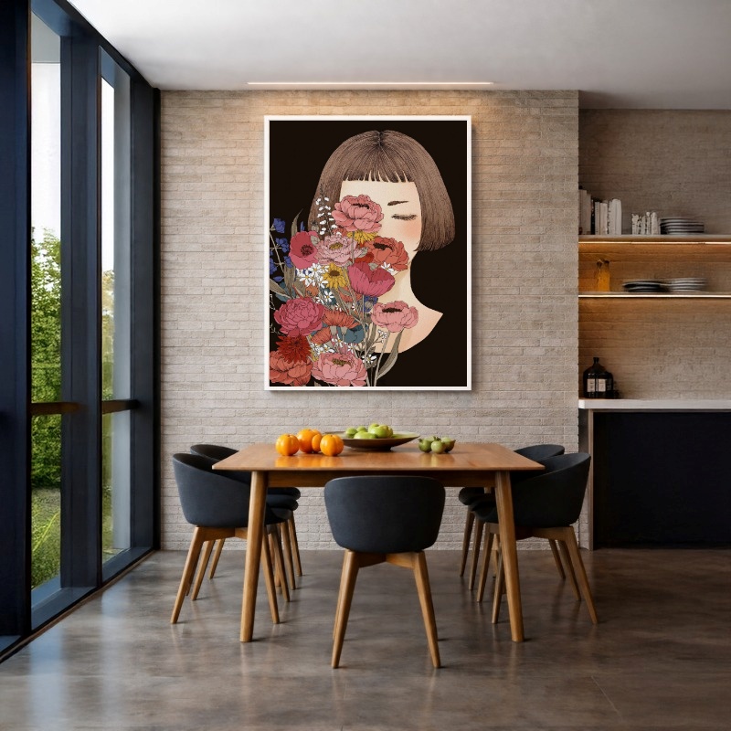 Quadro Canvas Desenho Menina Cheirando Flores