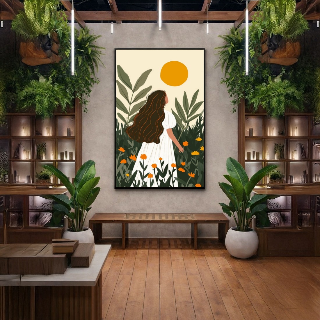 Quadro Canvas Desenho Menina Flores e Sol