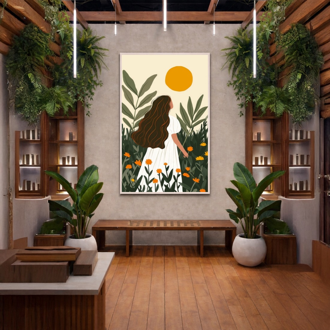 Quadro Canvas Desenho Menina Flores e Sol