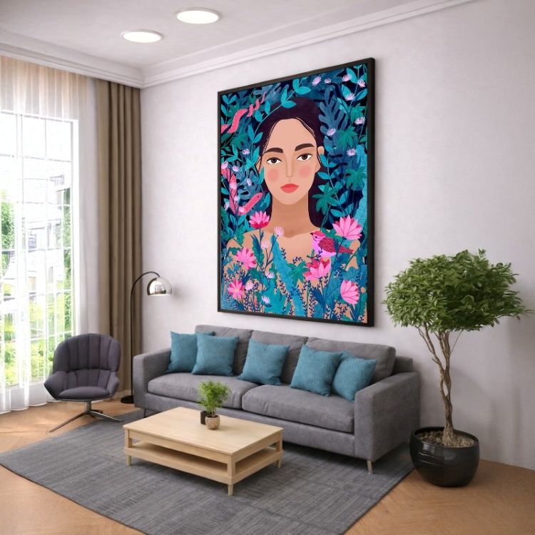 Quadro Canvas Desenho Menina e as Flores