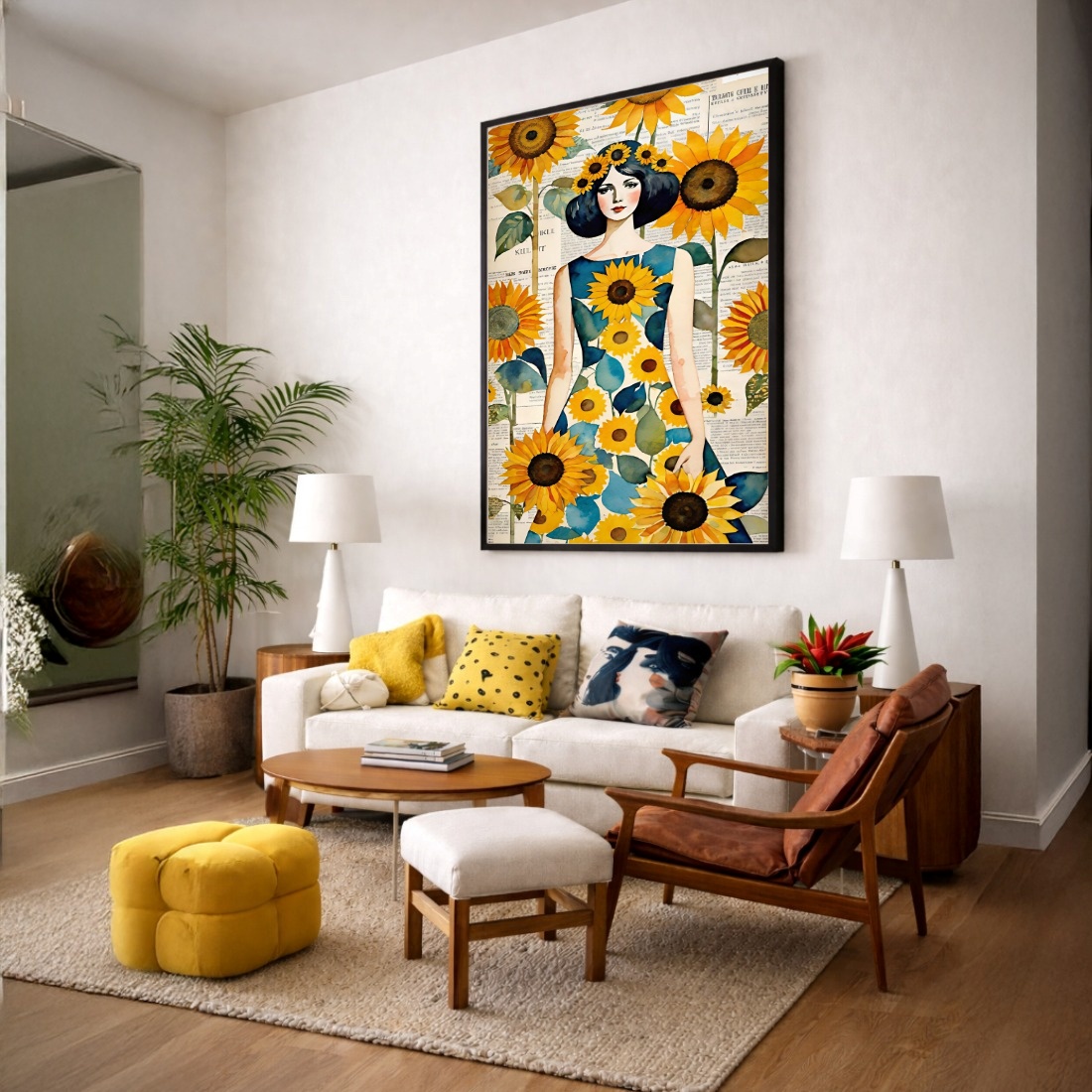 Quadro Canvas Desenho Menina e os Girassóis