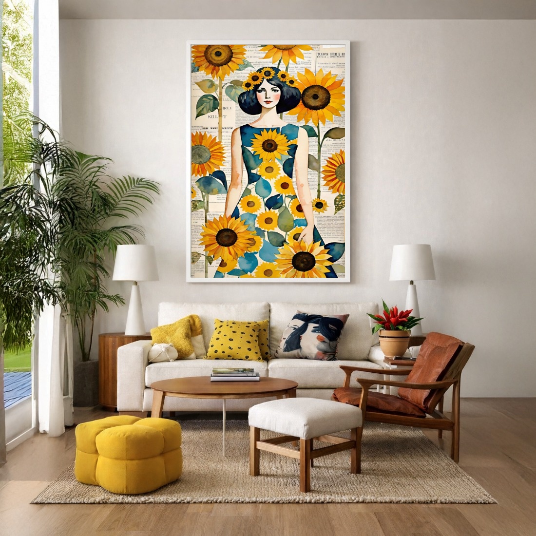 Quadro Canvas Desenho Menina e os Girassóis