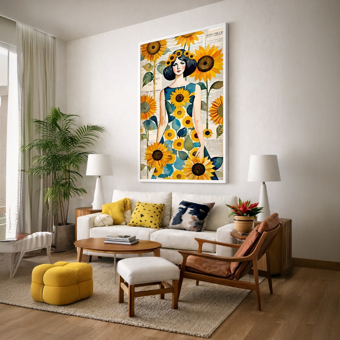 Quadro Canvas Desenho Menina e os Girassóis