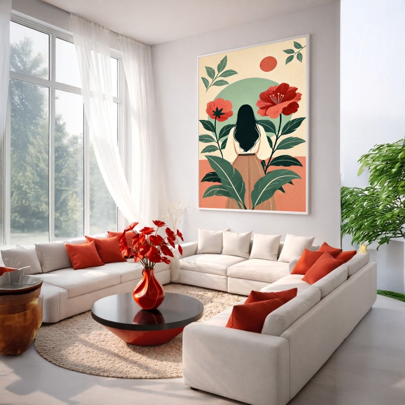 Quadro Canvas Desenho Mulher Flores Rosado