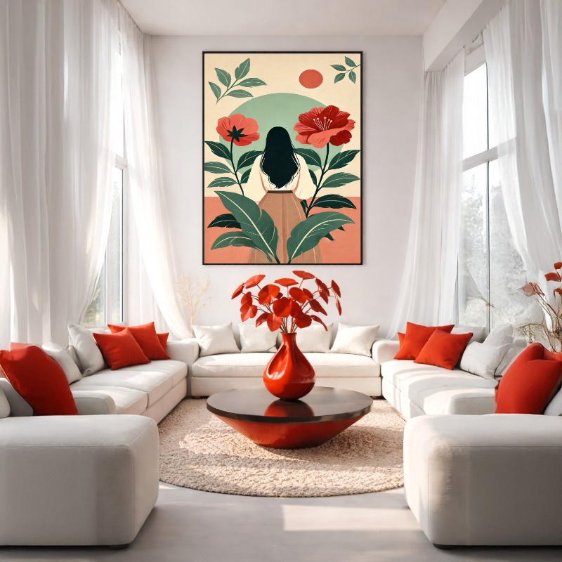 Quadro Canvas Desenho Mulher Flores Rosado