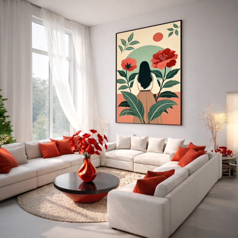 Quadro Canvas Desenho Mulher Flores Rosado