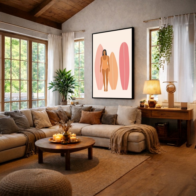 Quadro Canvas Desenho Mulher Surfista Pranchas