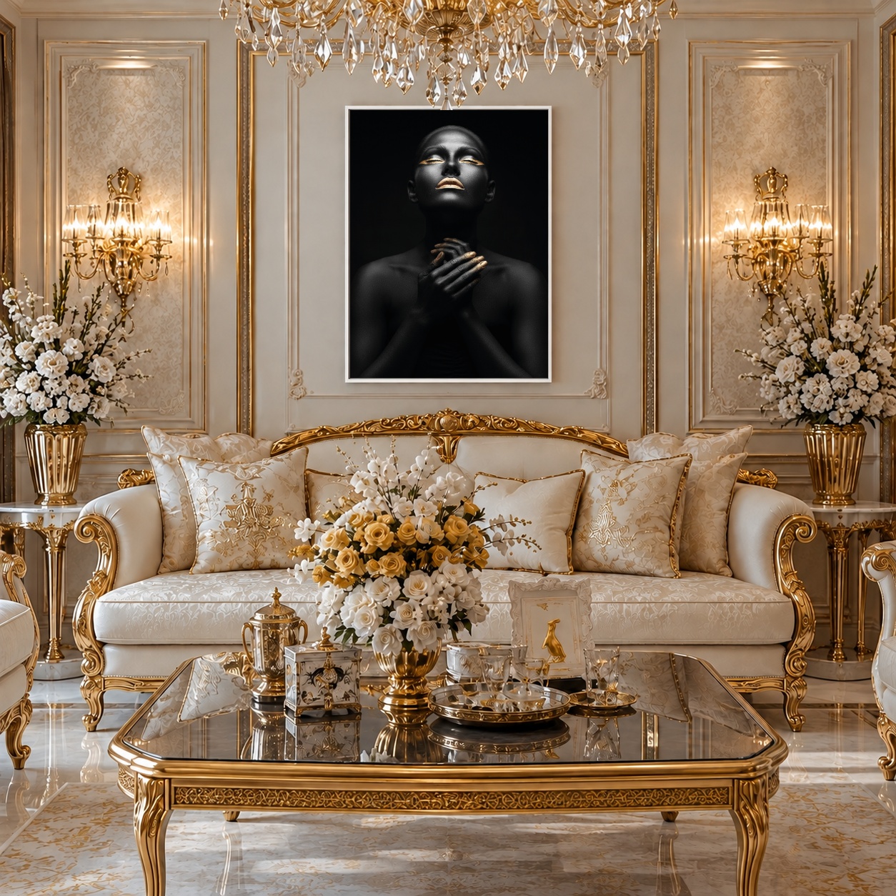 Quadro Canvas Divino Luxo Dourado Preto Mulher