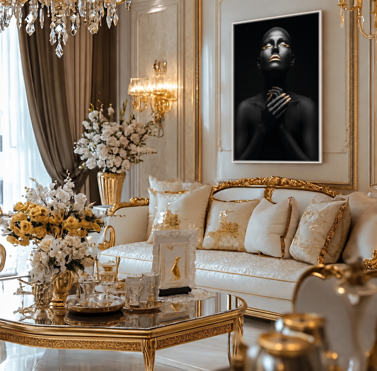 Quadro Canvas Divino Luxo Dourado Preto Mulher