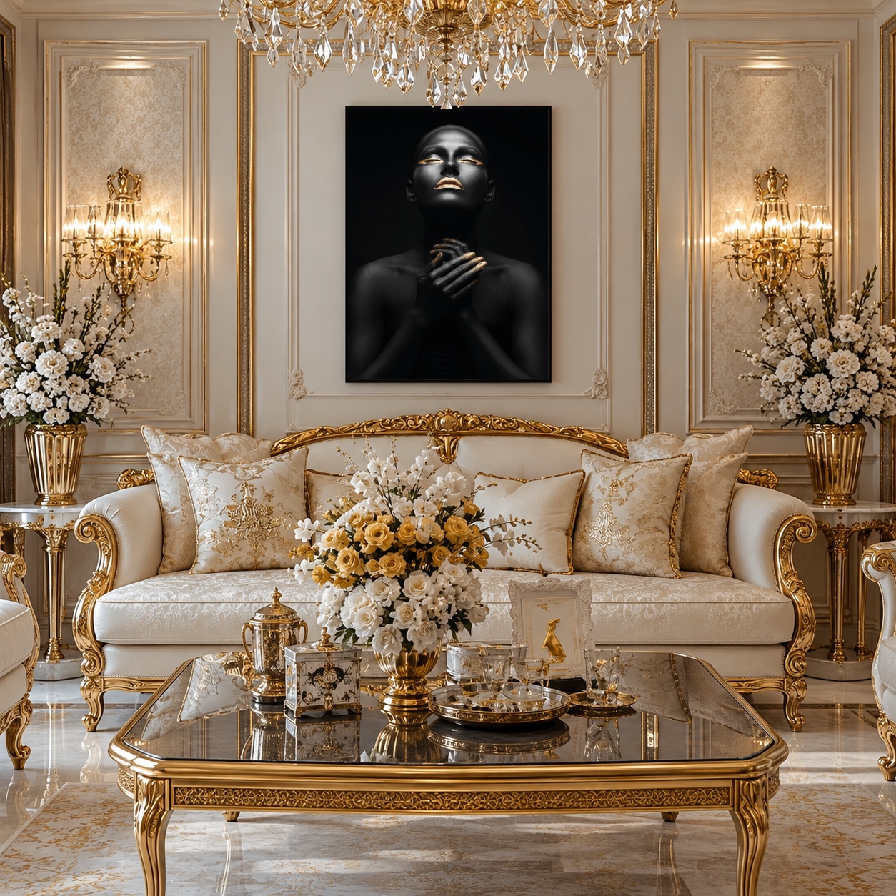 Quadro Canvas Divino Luxo Dourado Preto Mulher