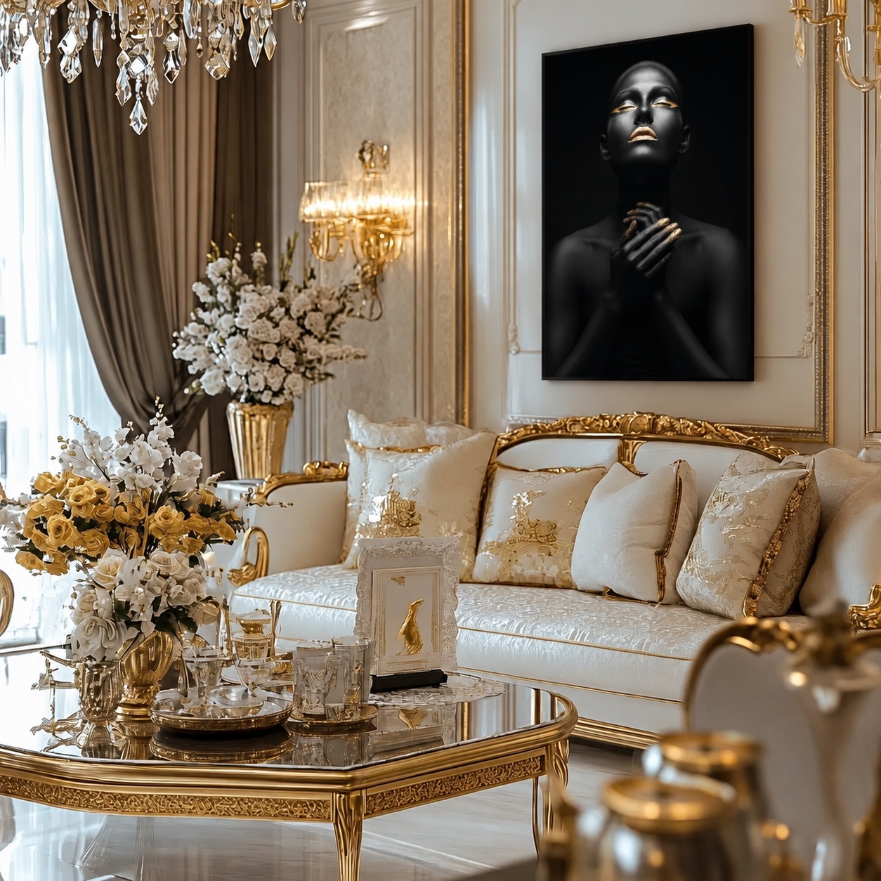 Quadro Canvas Divino Luxo Dourado Preto Mulher