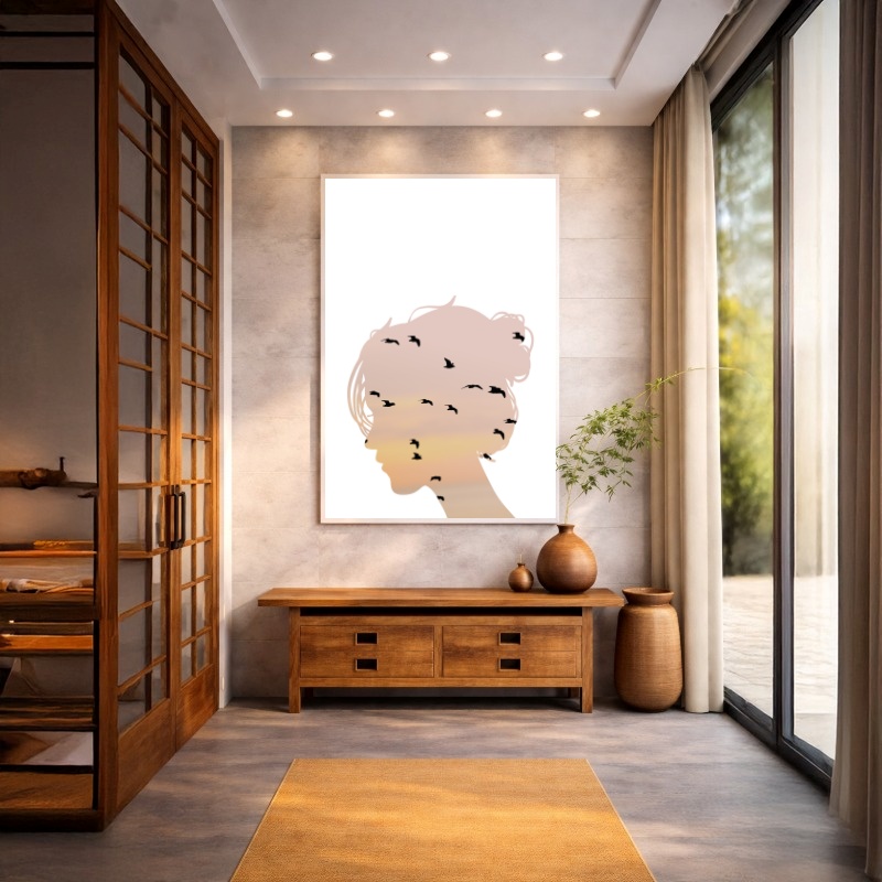 Quadro Canvas Entardecer Feminino Pássaros