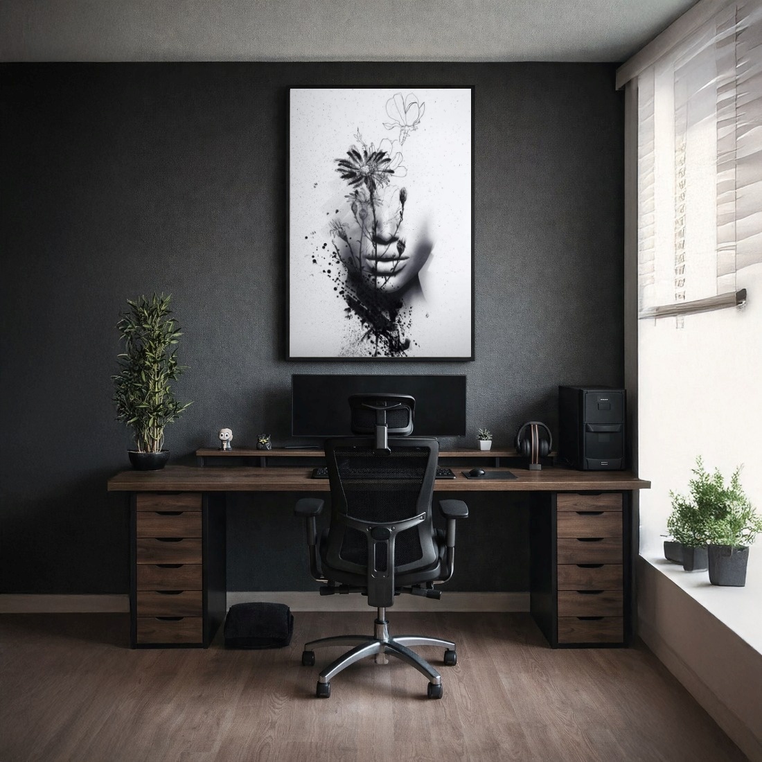 Quadro Canvas Face e Flor Tinta Preto