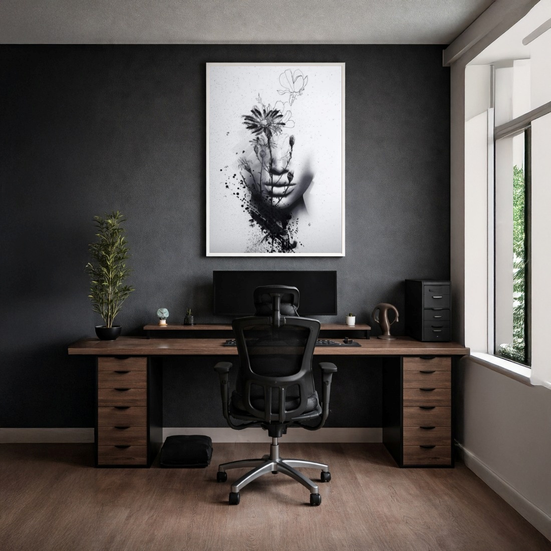 Quadro Canvas Face e Flor Tinta Preto