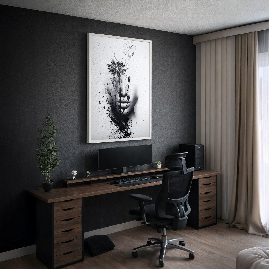 Quadro Canvas Face e Flor Tinta Preto
