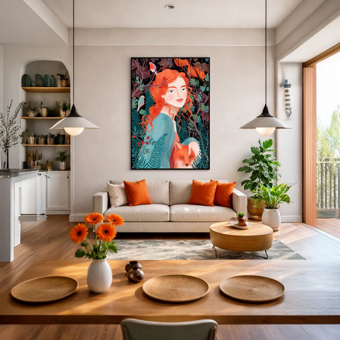 Quadro Canvas Floral Menina Ruiva e Raposa