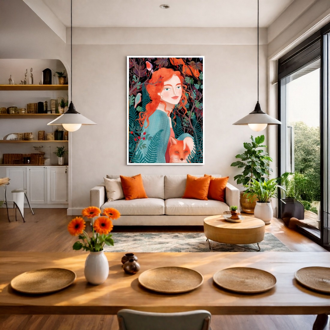 Quadro Canvas Floral Menina Ruiva e Raposa