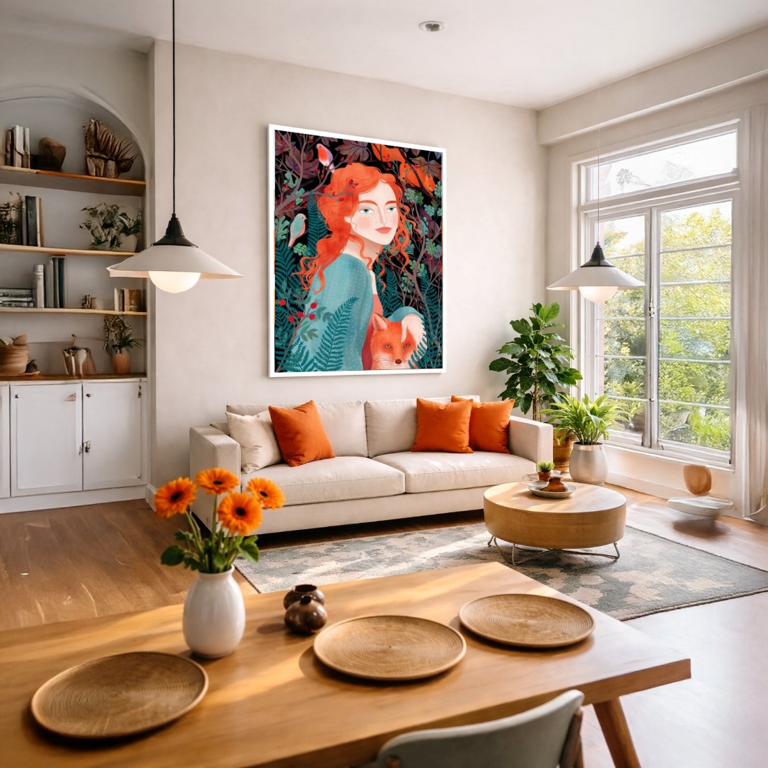 Quadro Canvas Floral Menina Ruiva e Raposa