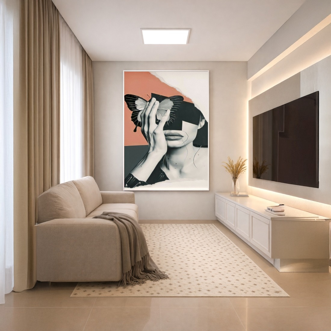 Quadro Canvas Geométrico Borboleta Mulher Cinza