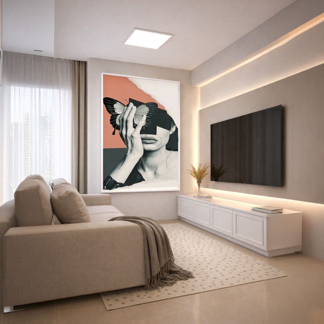 Quadro Canvas Geométrico Borboleta Mulher Cinza