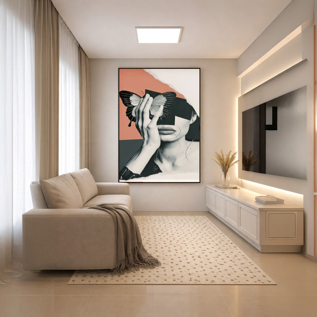Quadro Canvas Geométrico Borboleta Mulher Cinza