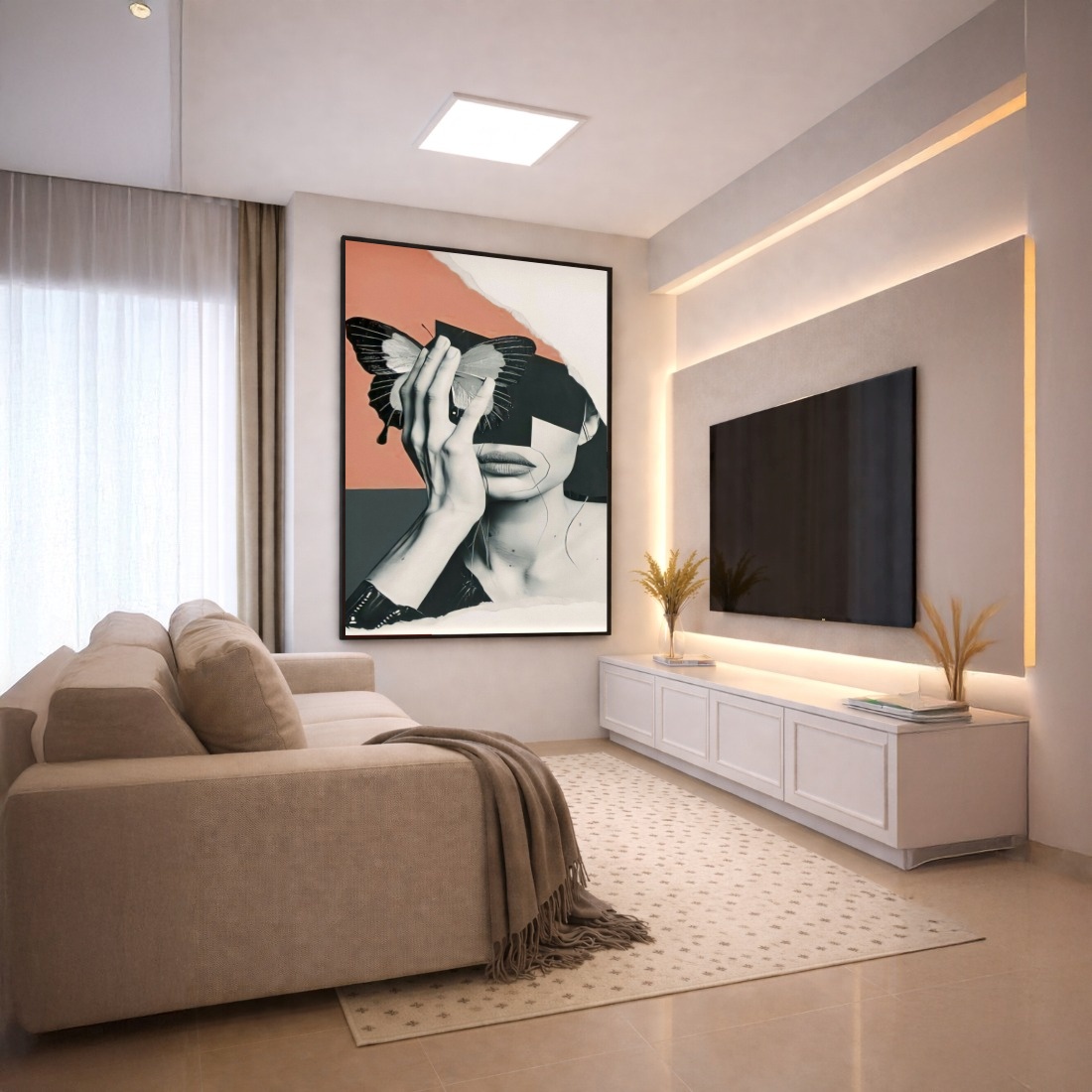 Quadro Canvas Geométrico Borboleta Mulher Cinza